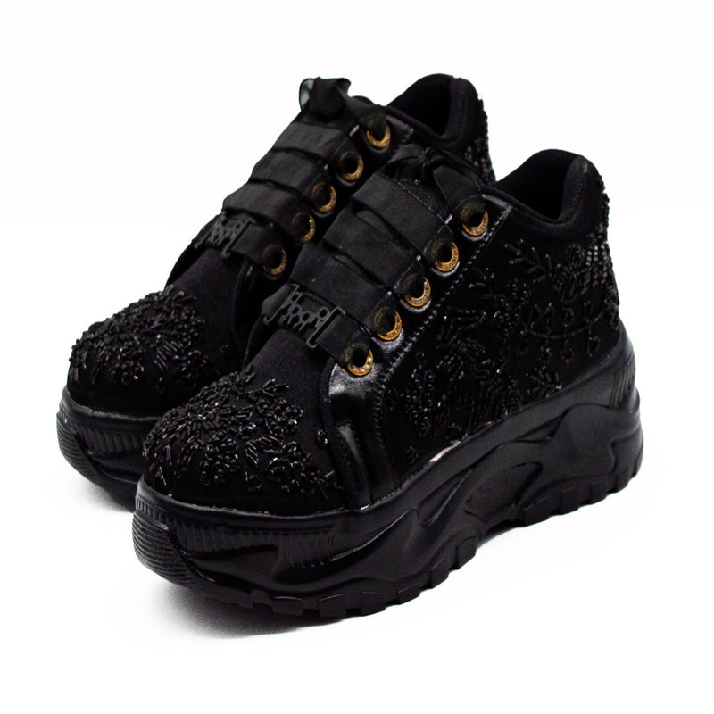 Diana Luxury Noir Satin Handmade Embellished Trainers