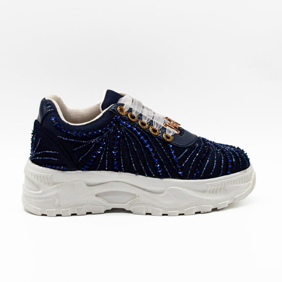 Sofia Luxury Navy Satin Handmade Embellished Trainers
