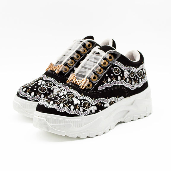 Ava Luxury Black Suede Handmade Embellished Trainers