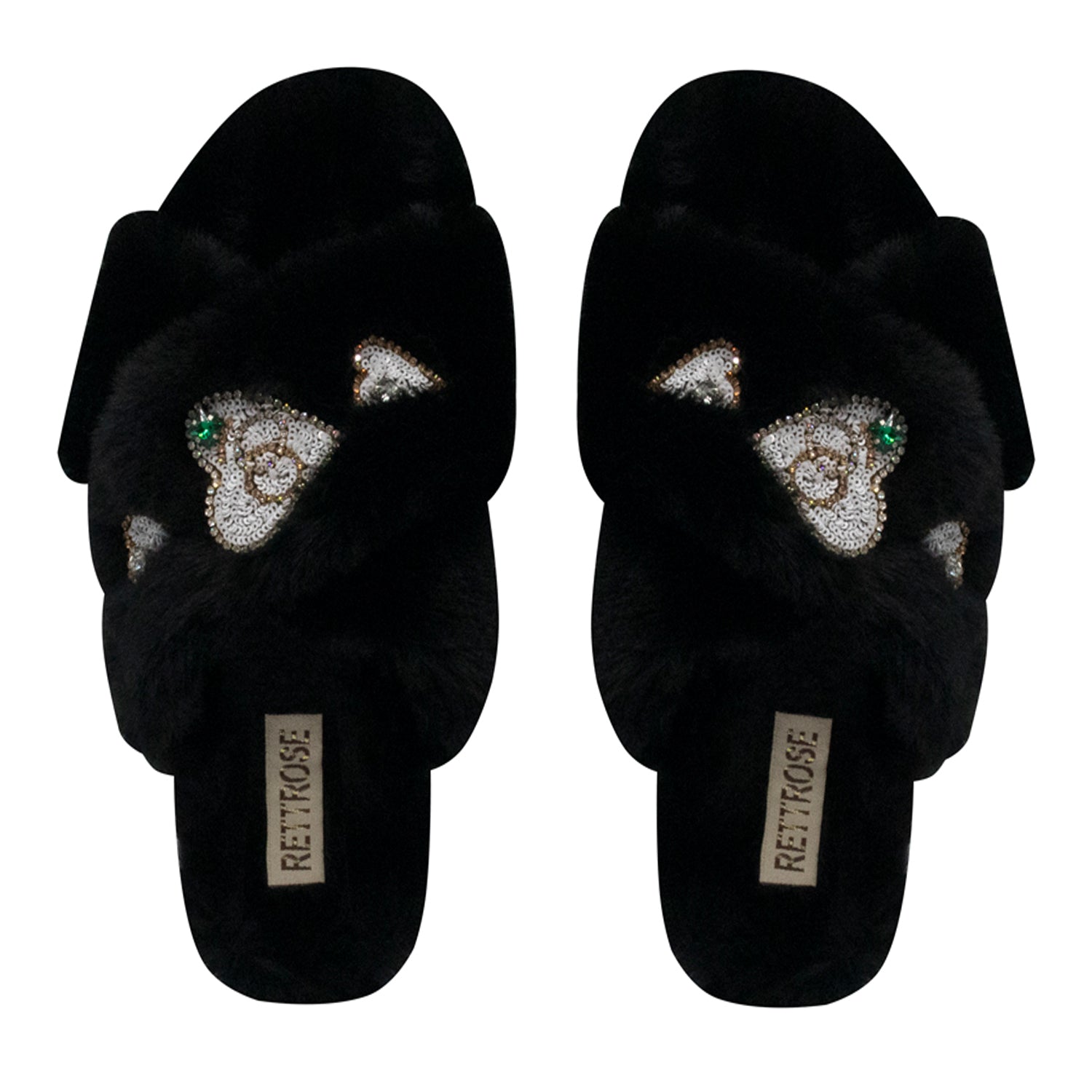 Emmy Black Luxury Plush Diamanté Embellished Handmade Slipper