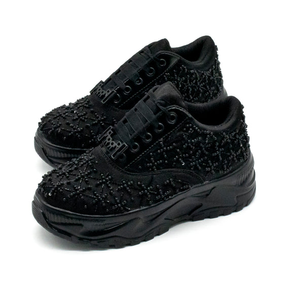 Harper Luxury Black Satin Handmade Embellished Trainers