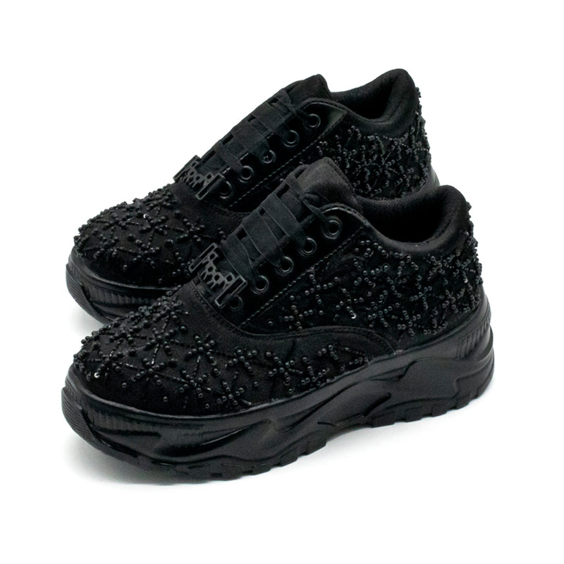 Harper Luxury Black Satin Handmade Embellished Trainers