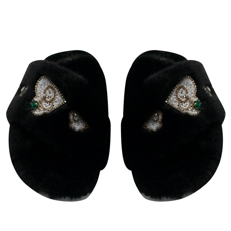 Emmy Black Luxury Plush Diamanté Embellished Handmade Slipper