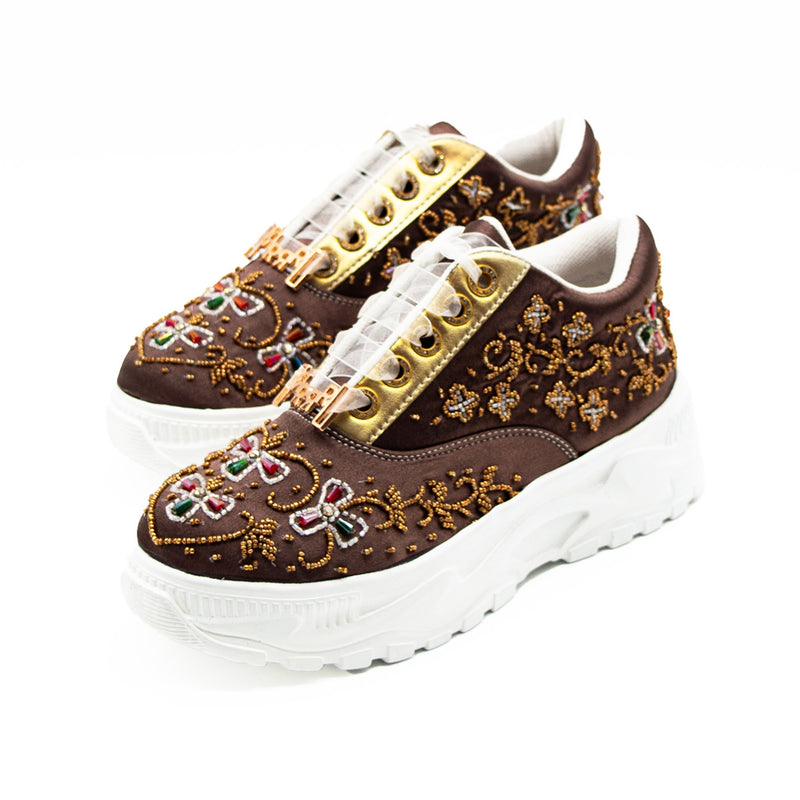 Evelyn Luxury Mauve Satin Handmade Embellished Trainers