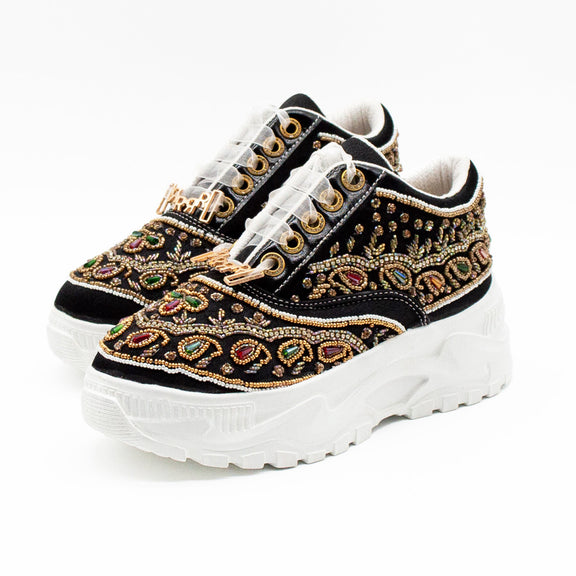 Isabella Luxury Black Satin Handmade Embellished Trainers