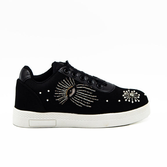 River Luxury Black Satin Handmade Embellished Tennis Shoe