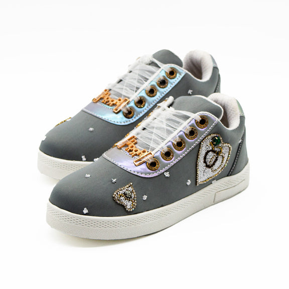 Mangola Luxury Grey Lycra Handmade Embellished Tennis Shoe