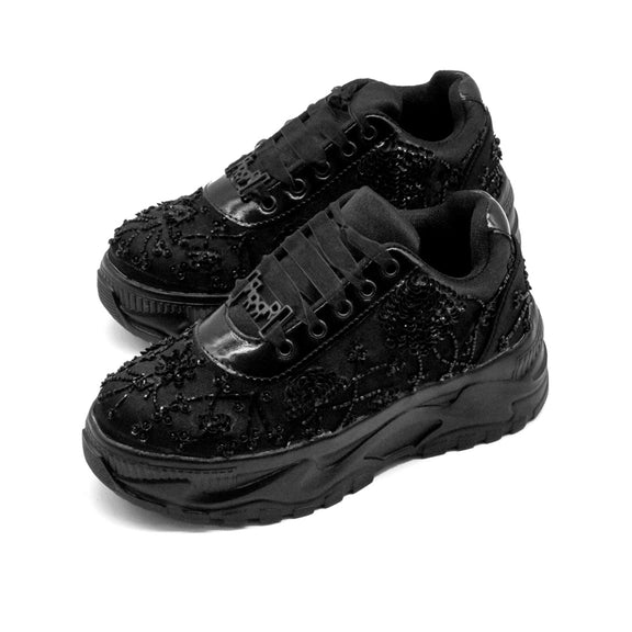 Sarah Luxury Noir Satin Handmade Embellished Trainers