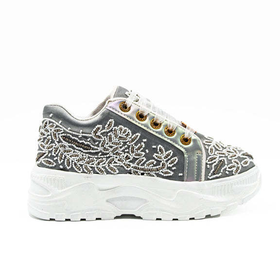 Iska Luxury Silver Satin Handmade Embellished Trainers