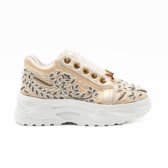 Iska Luxury Buttermilk Satin Handmade Embellished Trainers
