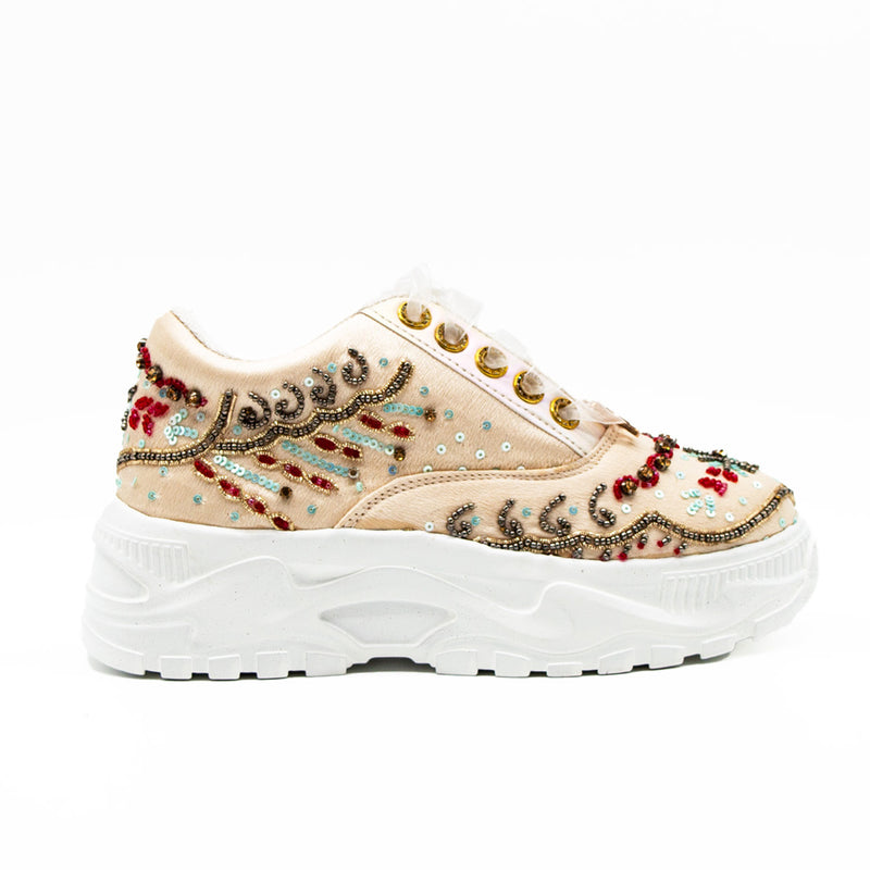 Savannah Luxury Buttermilk Satin Handmade Embellished Trainers