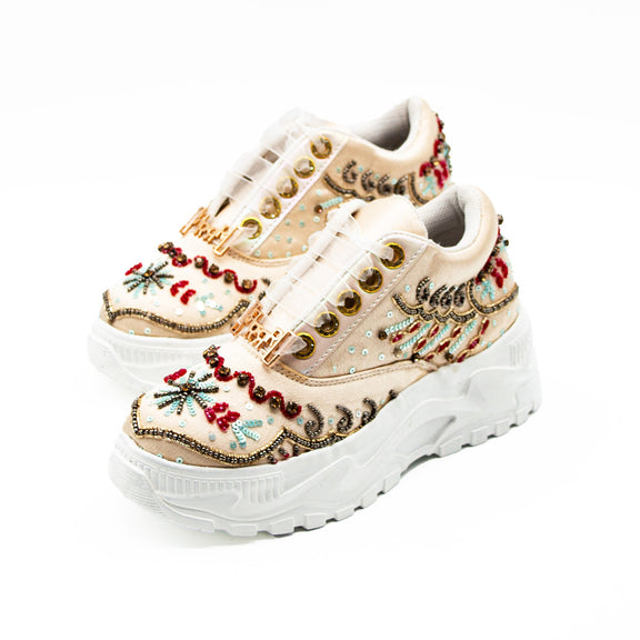 Savannah Luxury Buttermilk Satin Handmade Embellished Trainers
