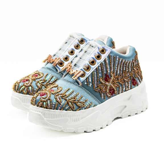 Athena Luxury Dusky Blue Satin Handmade Embellished Trainers