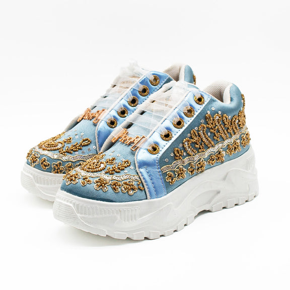 Petra Luxury Dusky Blue Satin Handmade Embellished Trainers