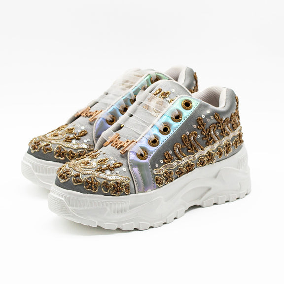 Petra Luxury Silver Satin Handmade Embellished Trainers