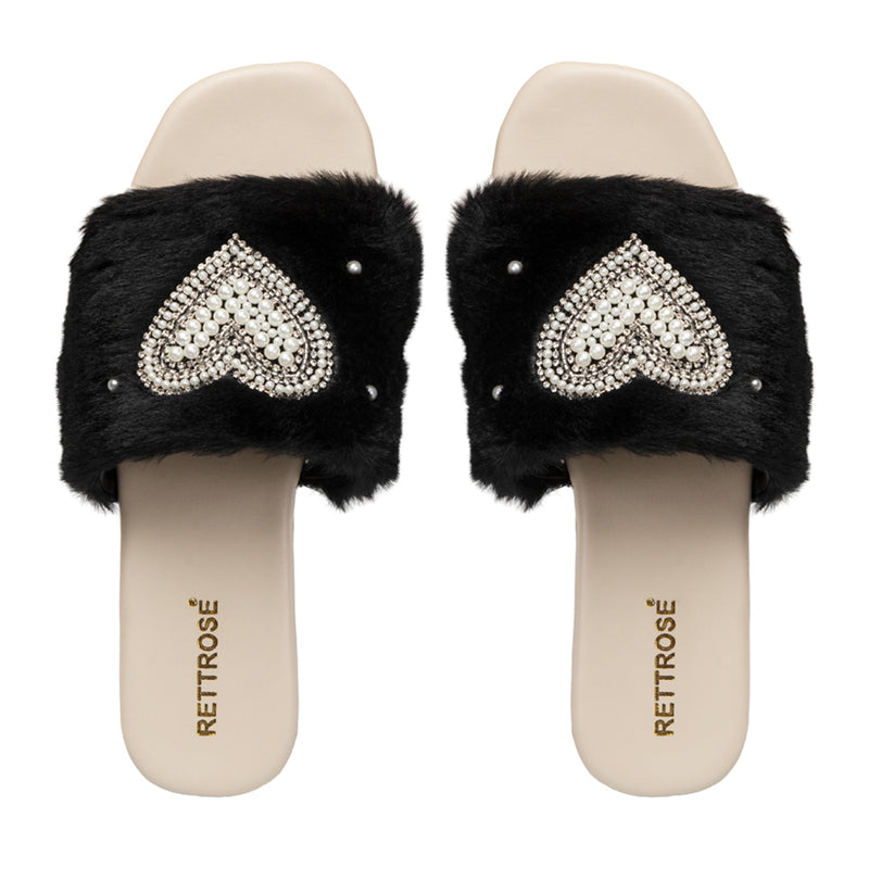 Lilah Black Luxury Plush Diamanté Embellished Handmade Sliders