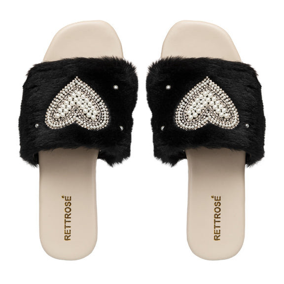 Lilah Black Luxury Plush Diamanté Embellished Handmade Sliders