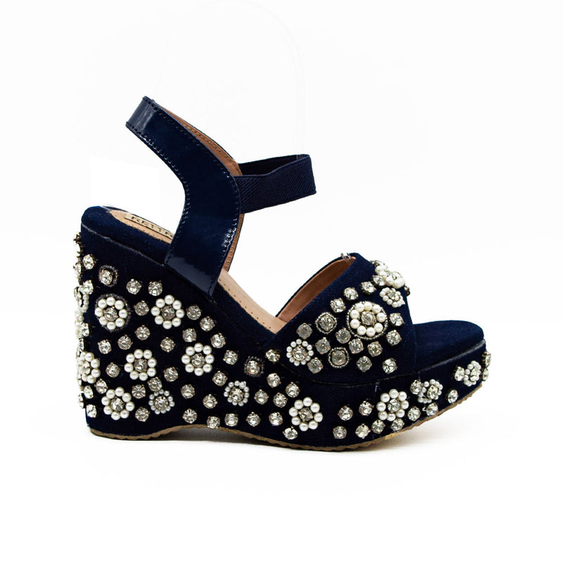 Maria Navy Hand Embellished Luxury Wedge Shoe