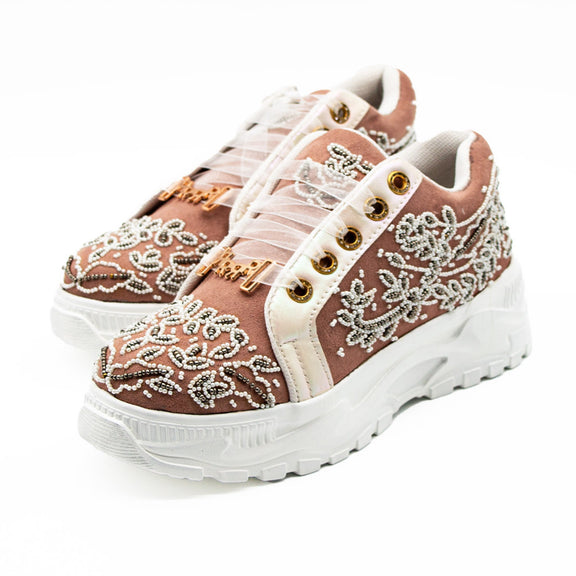 Iska Luxury Soft Pink Suede Handmade Embellished Trainers