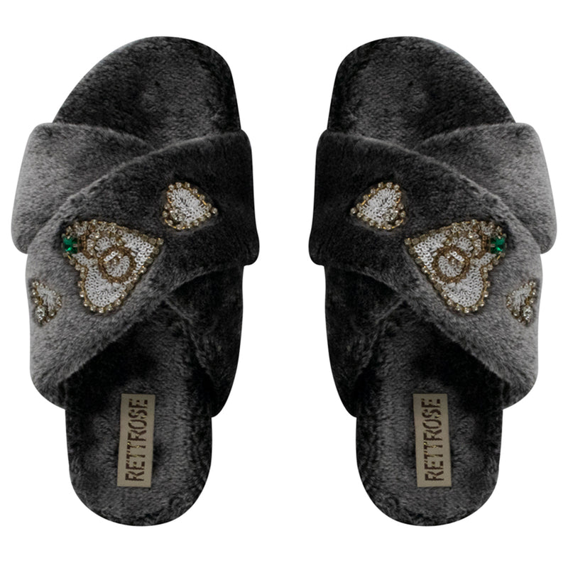 Emmy Charcoal Luxury Plush Diamanté Embellished Handmade Slipper
