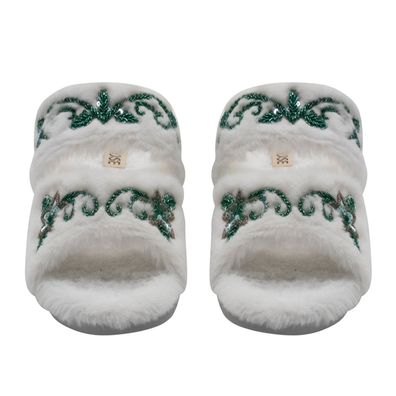 Elkie Cream Luxury Plush Diamanté Embellished Handmade Slipper