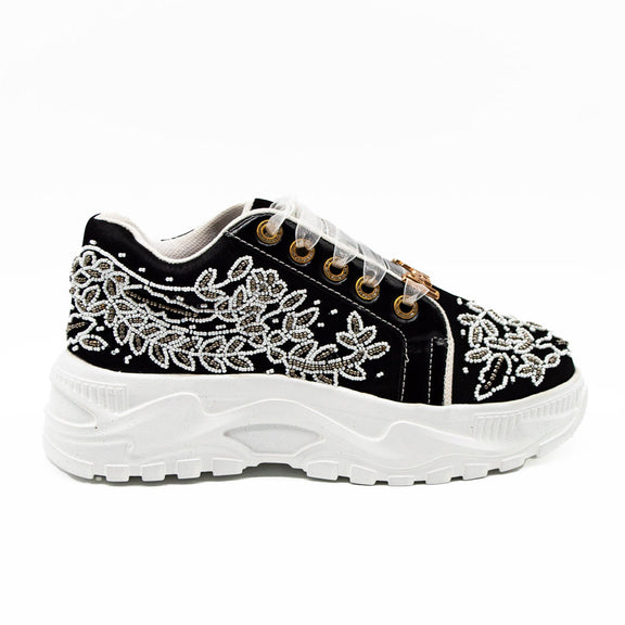 Iska Luxury Black Satin Handmade Embellished Trainers