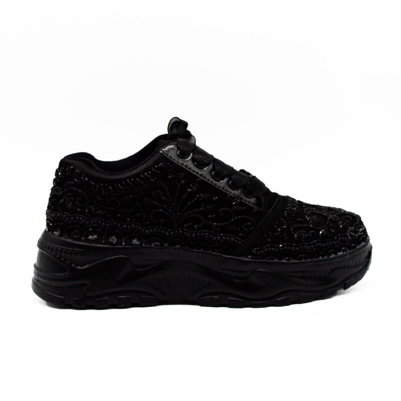 Iris Luxury Noir Satin Handmade Embellished Trainers