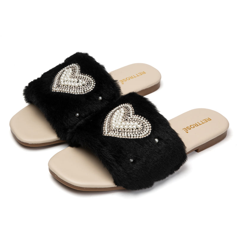 Lilah Black Luxury Plush Diamanté Embellished Handmade Sliders