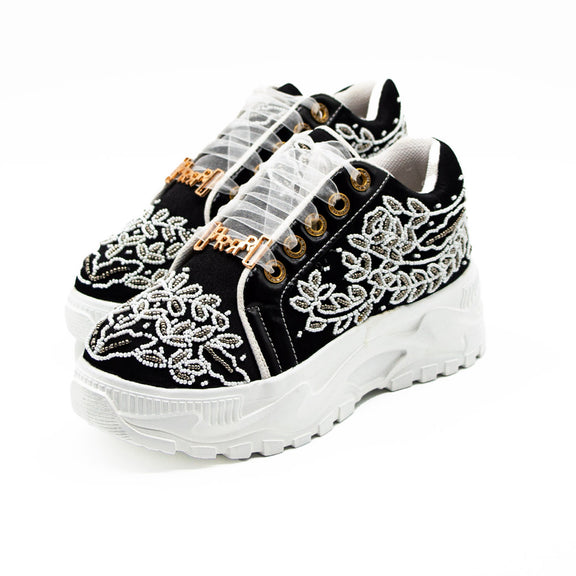 Iska Luxury Black Satin Handmade Embellished Trainers