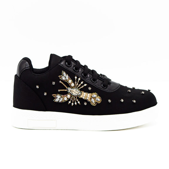 Kehlani Luxury Black Lycra Handmade Embellished Tennis Shoe