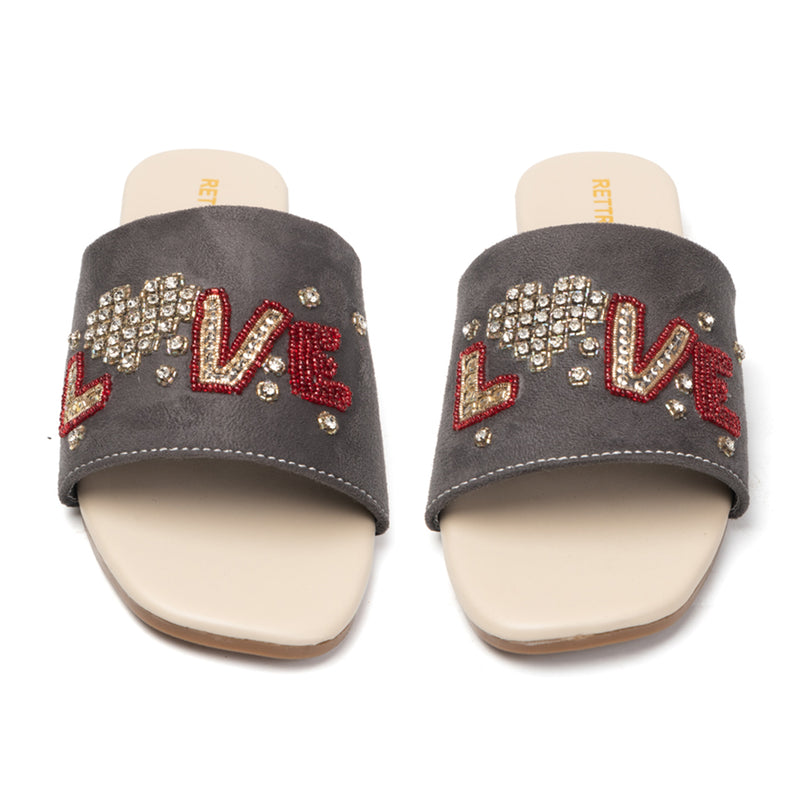 Harmony Grey Luxury Plush Diamanté Embellished Handmade Sliders