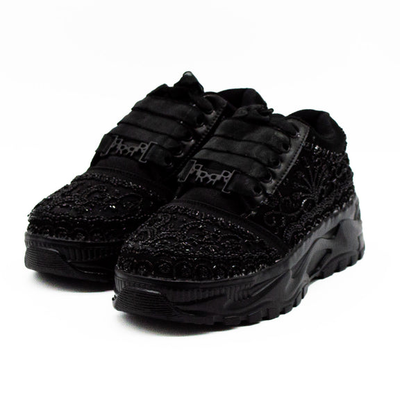 Iris Luxury Noir Satin Handmade Embellished Trainers