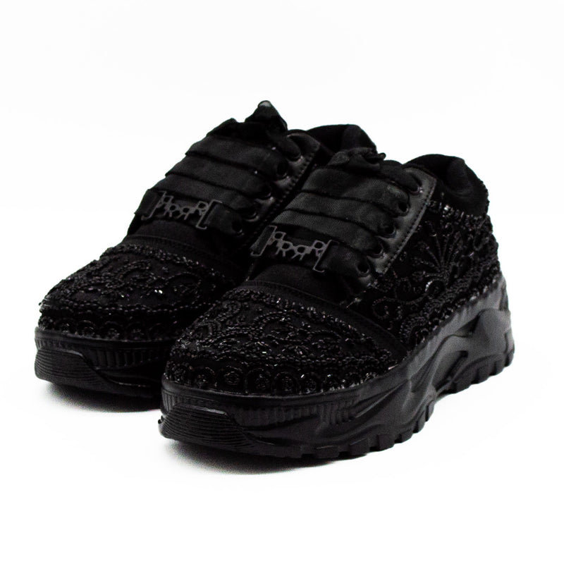 Iris Luxury Noir Satin Handmade Embellished Trainers