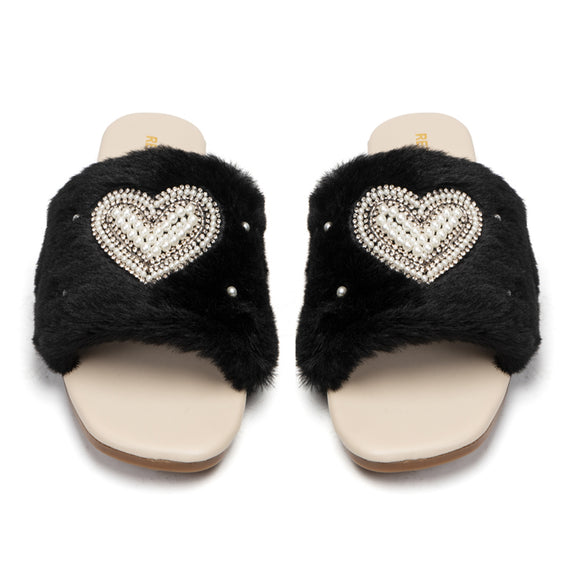 Lilah Black Luxury Plush Diamanté Embellished Handmade Sliders
