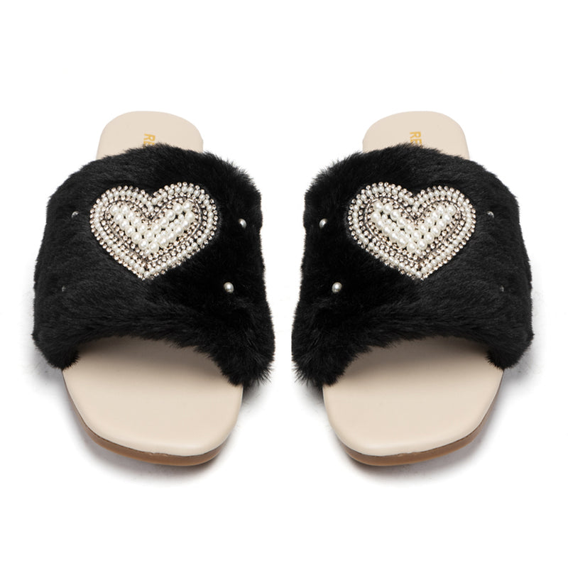 Lilah Black Luxury Plush Diamanté Embellished Handmade Sliders