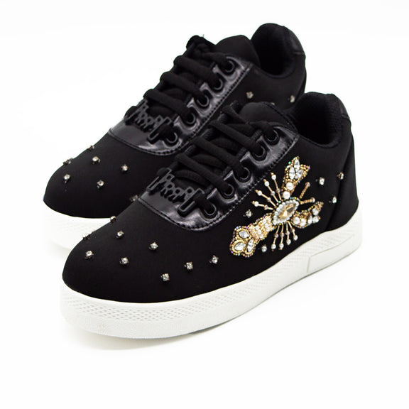 Kehlani Luxury Black Lycra Handmade Embellished Tennis Shoe