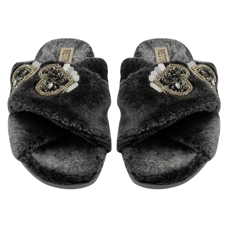Katie Charcoal Luxury Plush Diamanté Heart Embellished Handmade Slipper