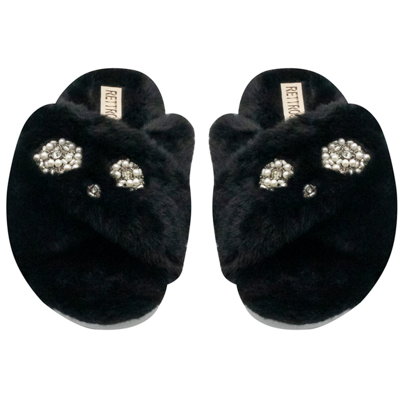 Juliette Black Luxury Plush Diamanté Embellished Handmade Slipper