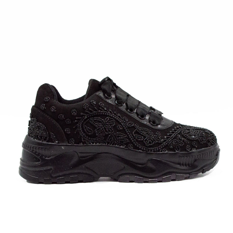 Aaliyah Luxury Noir Suede Handmade Embellished Trainers