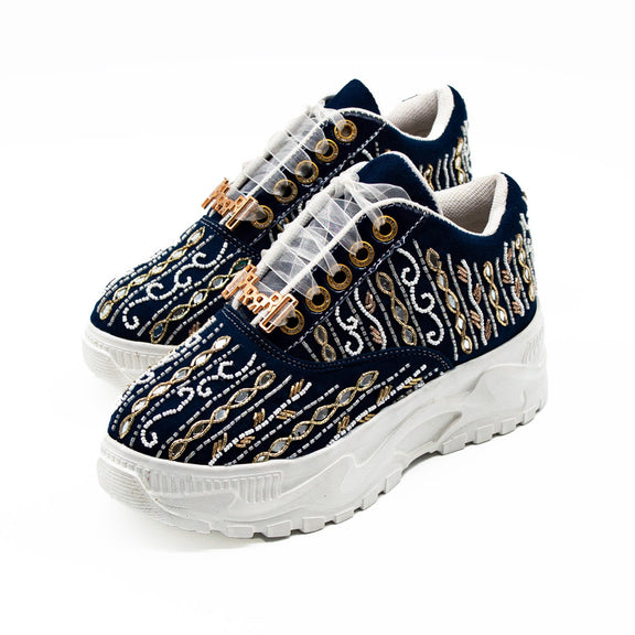 Mia Luxury Dusky Blue Suede Handmade Embellished Trainers