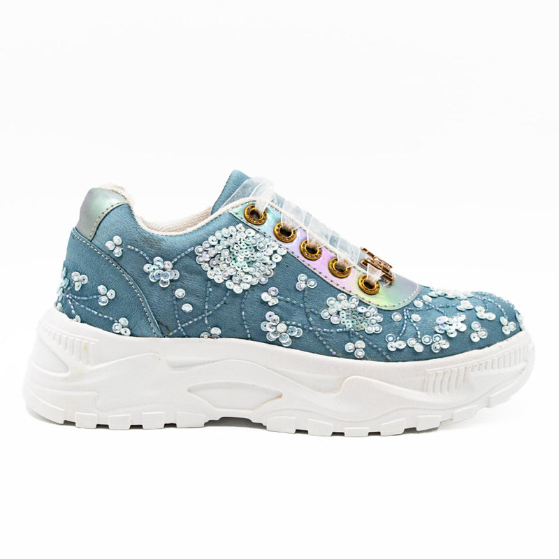 Maeve Luxury Dusky Blue Satin Handmade Embellished Trainers