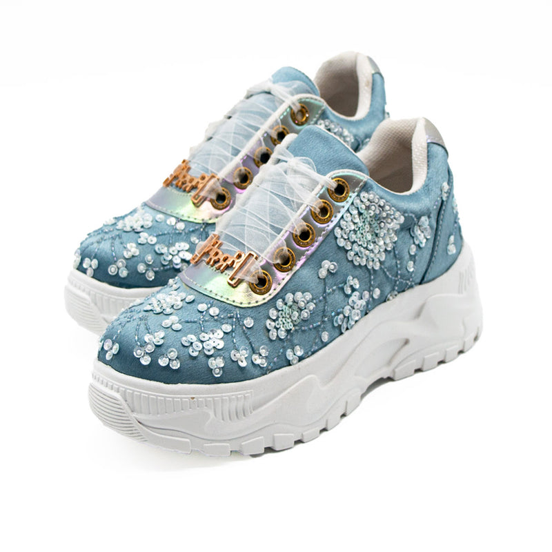 Maeve Luxury Dusky Blue Satin Handmade Embellished Trainers