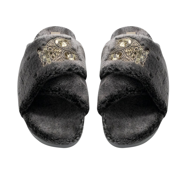 Georgia Charcoal Luxury Plush Diamanté Embellished Handmade Slipper