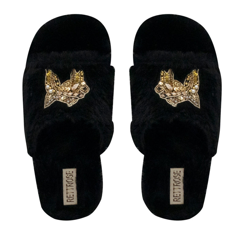 Mae Black Luxury Plush Diamanté Embellished Handmade Slipper