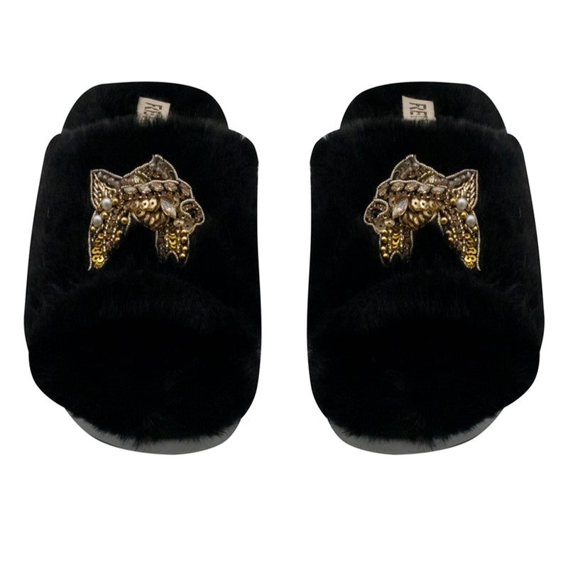 Mae Black Luxury Plush Diamanté Embellished Handmade Slipper