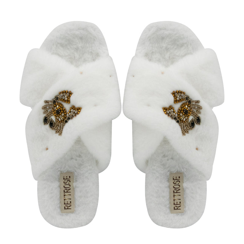 Sophie Cream Luxury Plush Diamanté Embellished Handmade Slipper