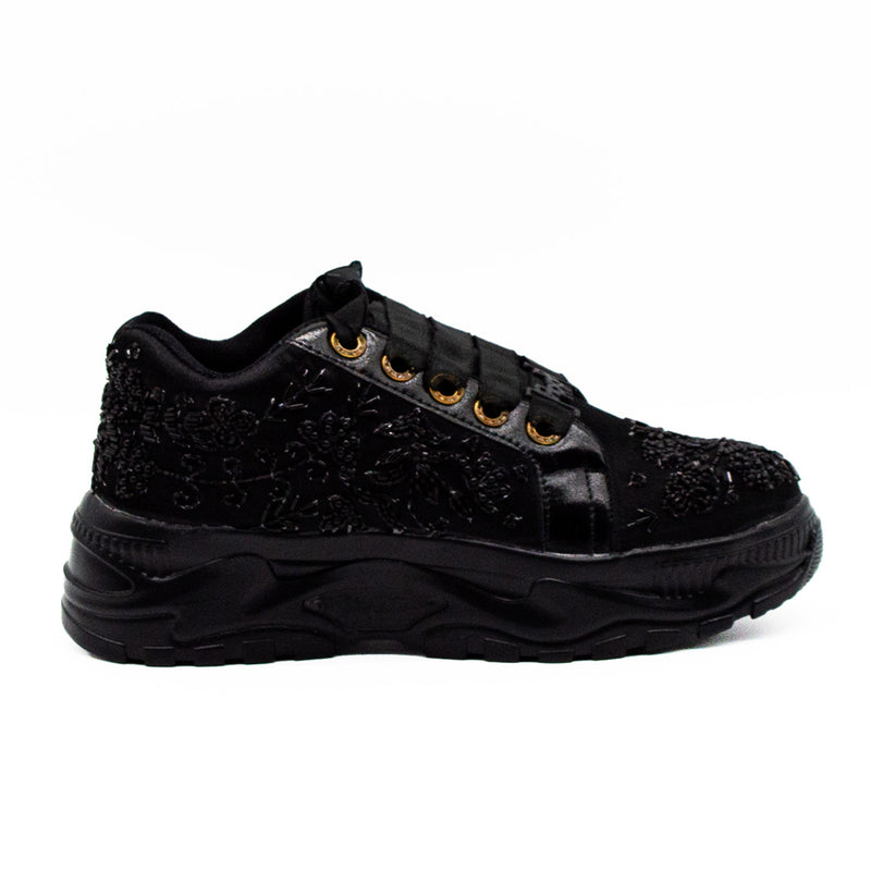 Diana Luxury Noir Satin Handmade Embellished Trainers