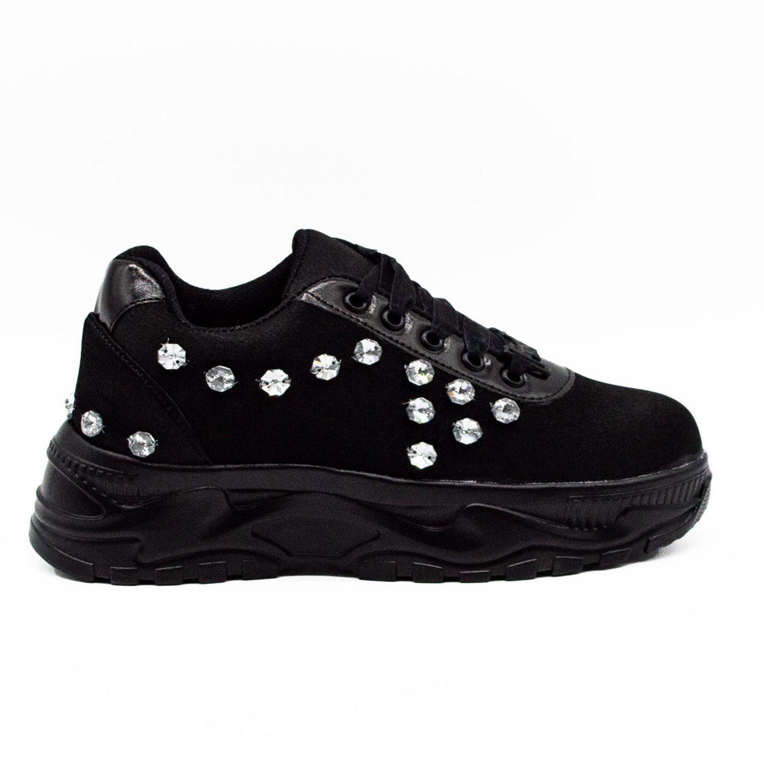 Adeline Luxury Noir Satin Handmade Embellished Trainers