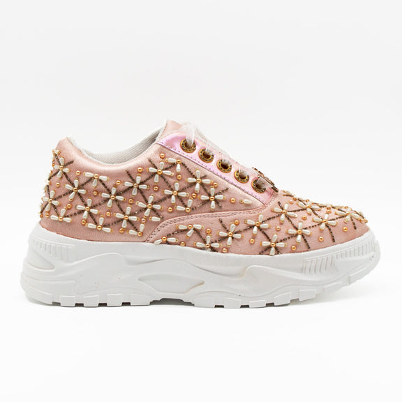 Harper Luxury Nude Satin Handmade Embellished Trainers