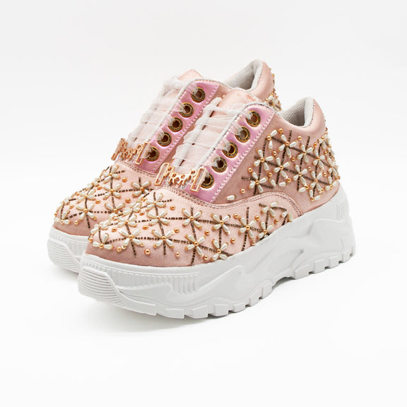 Harper Luxury Nude Satin Handmade Embellished Trainers